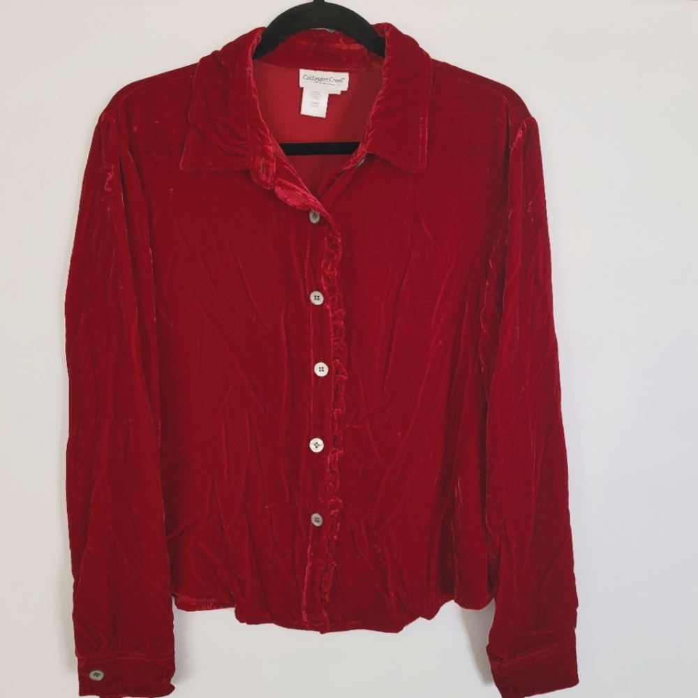 Red Velvet Long Sleeve Top Size M Silk Ruffle Boho Western